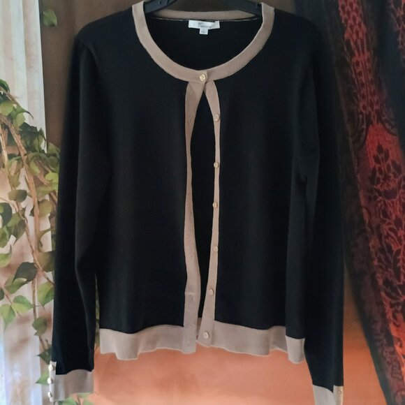 EUC: 89th + Madison Sze Large Black & Tan Button-Down Cardigan - Picture 1 of 5